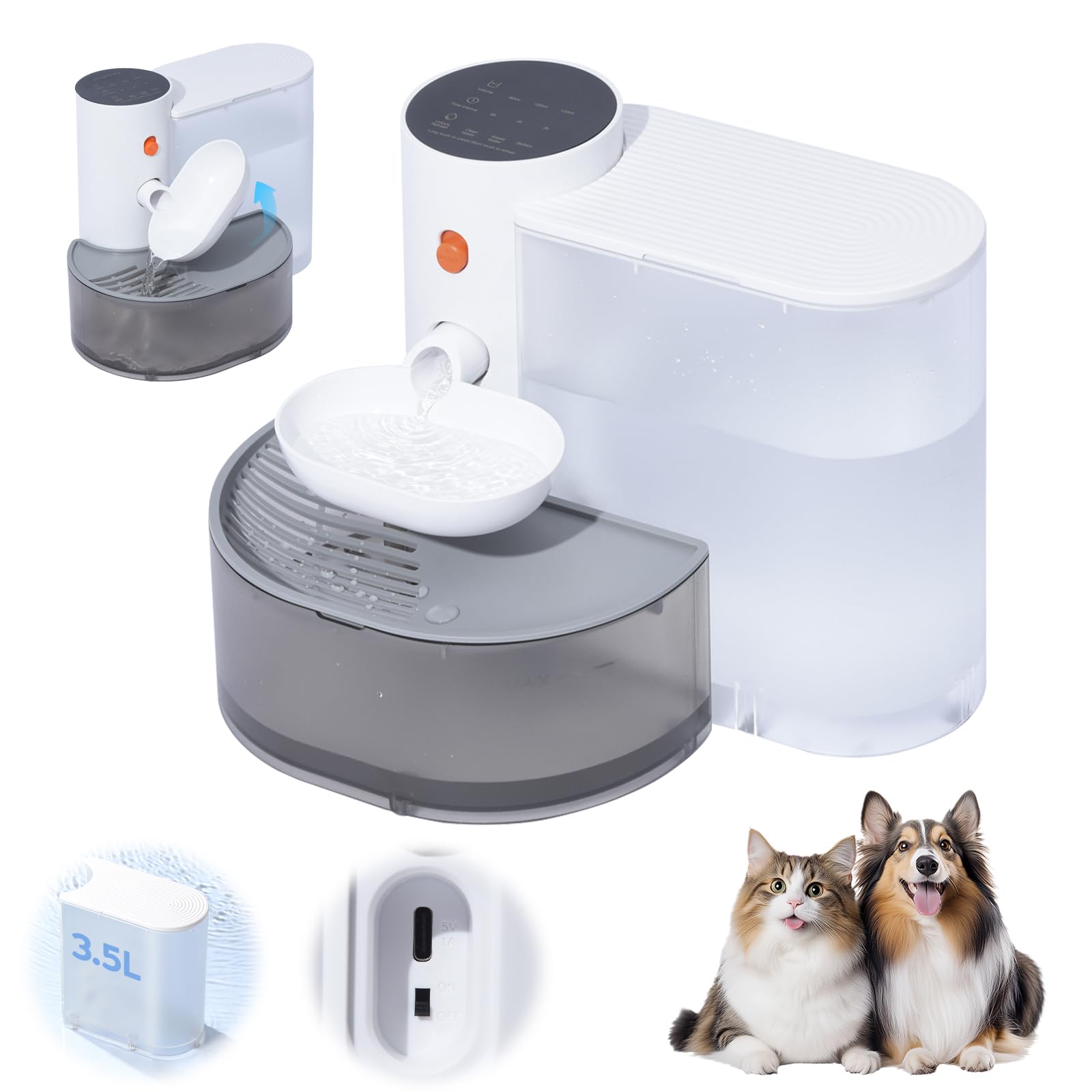 Fuente de Agua para Gatos 3.5L, Inalámbrica con 3 Niveles de Tiempo Intervalo y Volumen Dispensador de Agua para Gatos Perros Pequeños, Sin Filtros, Ultra Silenciosa