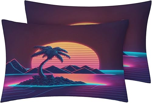 Miniatura 2 de Vaporwave - Funda de edredón tamaño King Juego de ropa de cama de palmera neón al atardecer 3 piezas Funda de edredón de microfibra suave con