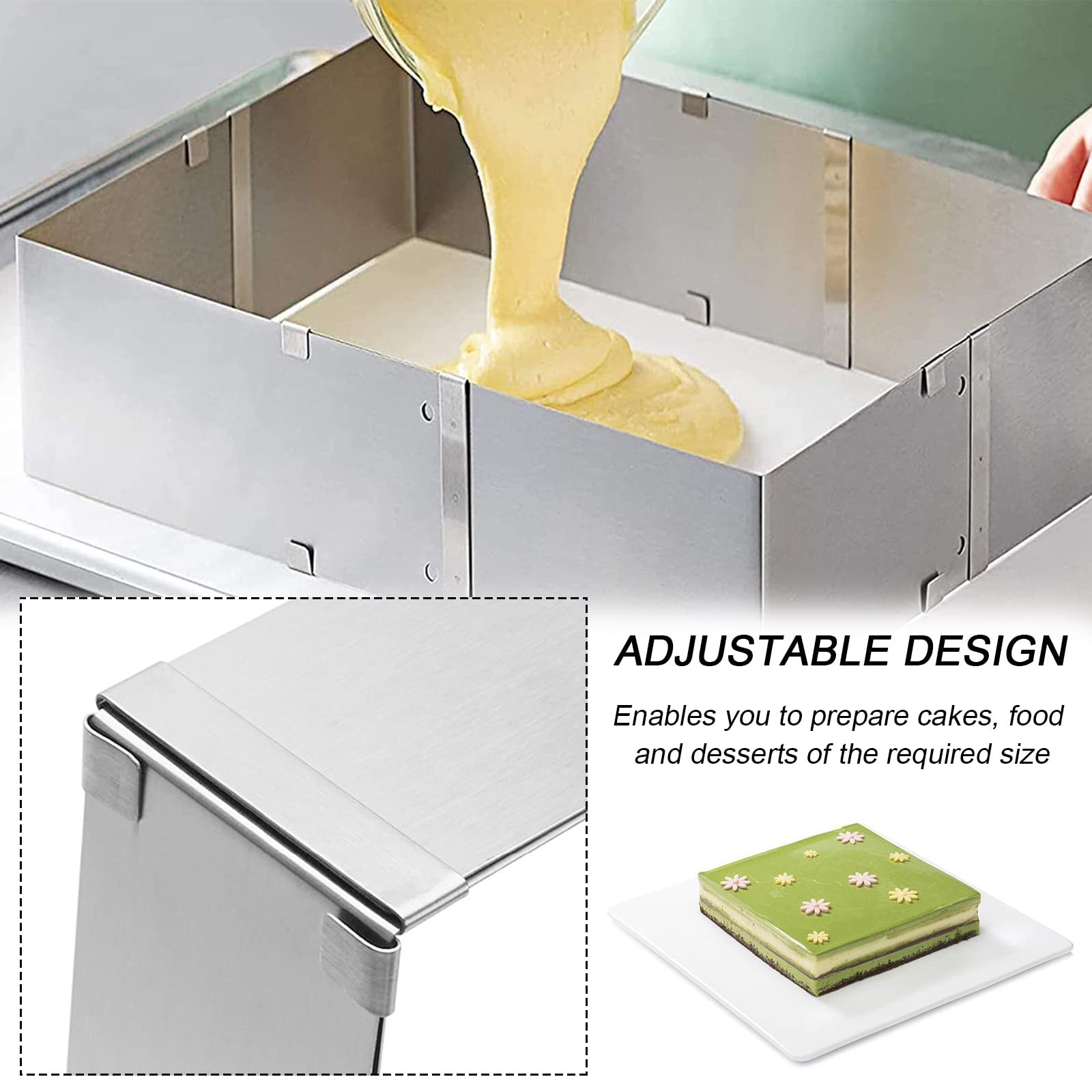 Cornice Rettangolare Regolabile Per Torte – Da 18x28 A 34x54 Cm, Con Divisorio E 2 Spatole, In Acciaio Inox