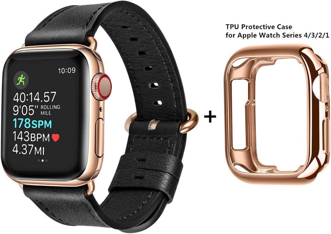 JFdragon Compatible with Apple Watch Band 38mm 40mm 42mm 44mm Women Men Top Grain Leather Replacement Strap for iwatch Series 5 4 3 2 1 (Black+Bronze Gold Clasp, 38mm/40mm)