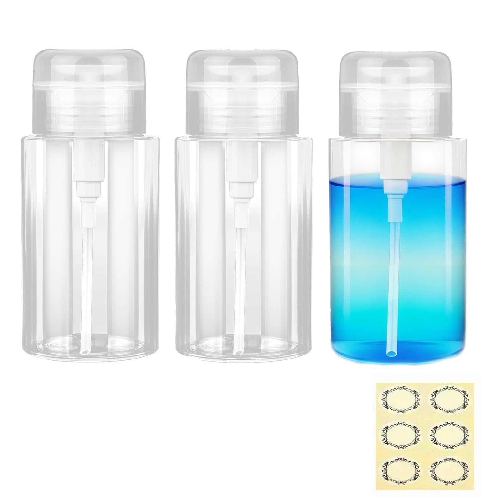 Apstaqeoo Clear 3Pcs 200Ml Nail Polish Remover Pump Bottle Dispensers, Empty Plastic Acetone Pump Dispenser, Alcohol Push Down Lockable Round Liquid Container With Labels For Makeup Remover Toner