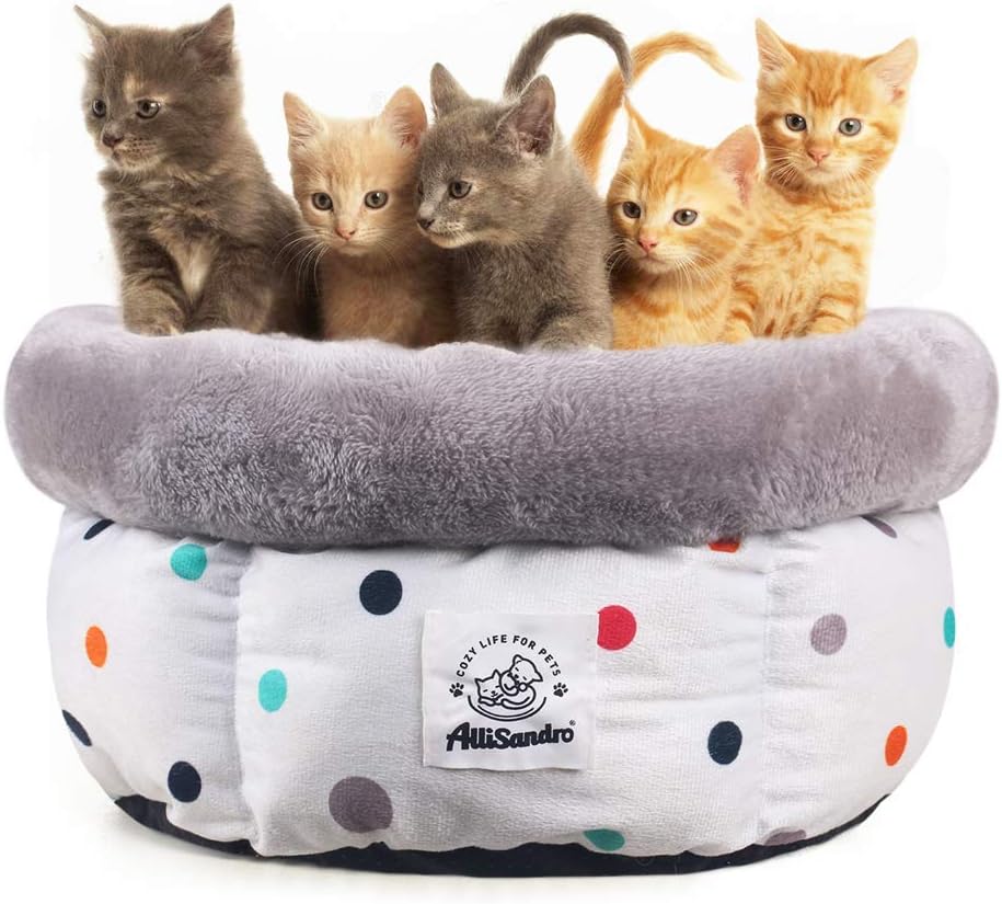 Allisandro Small Pet Bed, Cozy Deep Donut Cuddler, Machine Washable Round Cat Bed W/Anti-Slip Bottom Design, Pet Oval Round Bed for Small Animal All Season Use, White, 15.7 x 8.6 Inches