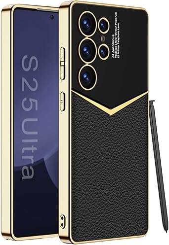 Leather Case for Samsung Galaxy S25 Ultra with Electroplated Frame, Vintage Luxury PU Non-Slip Grip Shockproof Full Body Protective Cover Phone Cases for Samsung Galaxy S25 Ultra 5G Black
