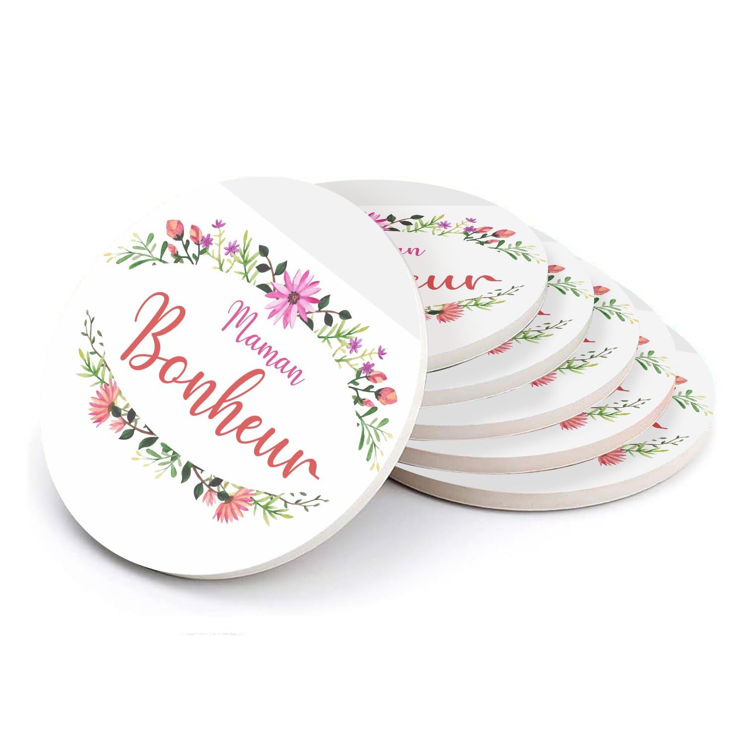 Sous-verre en céramique ronde Maman Bonheur | Finition florale haut de gamme 108 mm