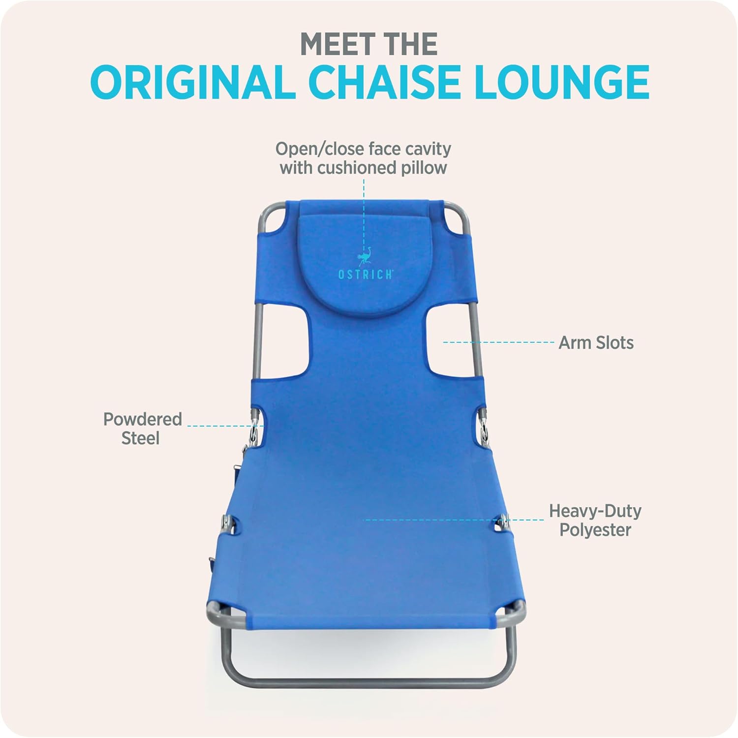 Ostrich the Original Chaise 72 x 22 Inch Lounge Portable Reclining Lounger, Outdoor Patio, Beach, Lawn, Camping, or Pool Tanning Chair, Ocean Blue