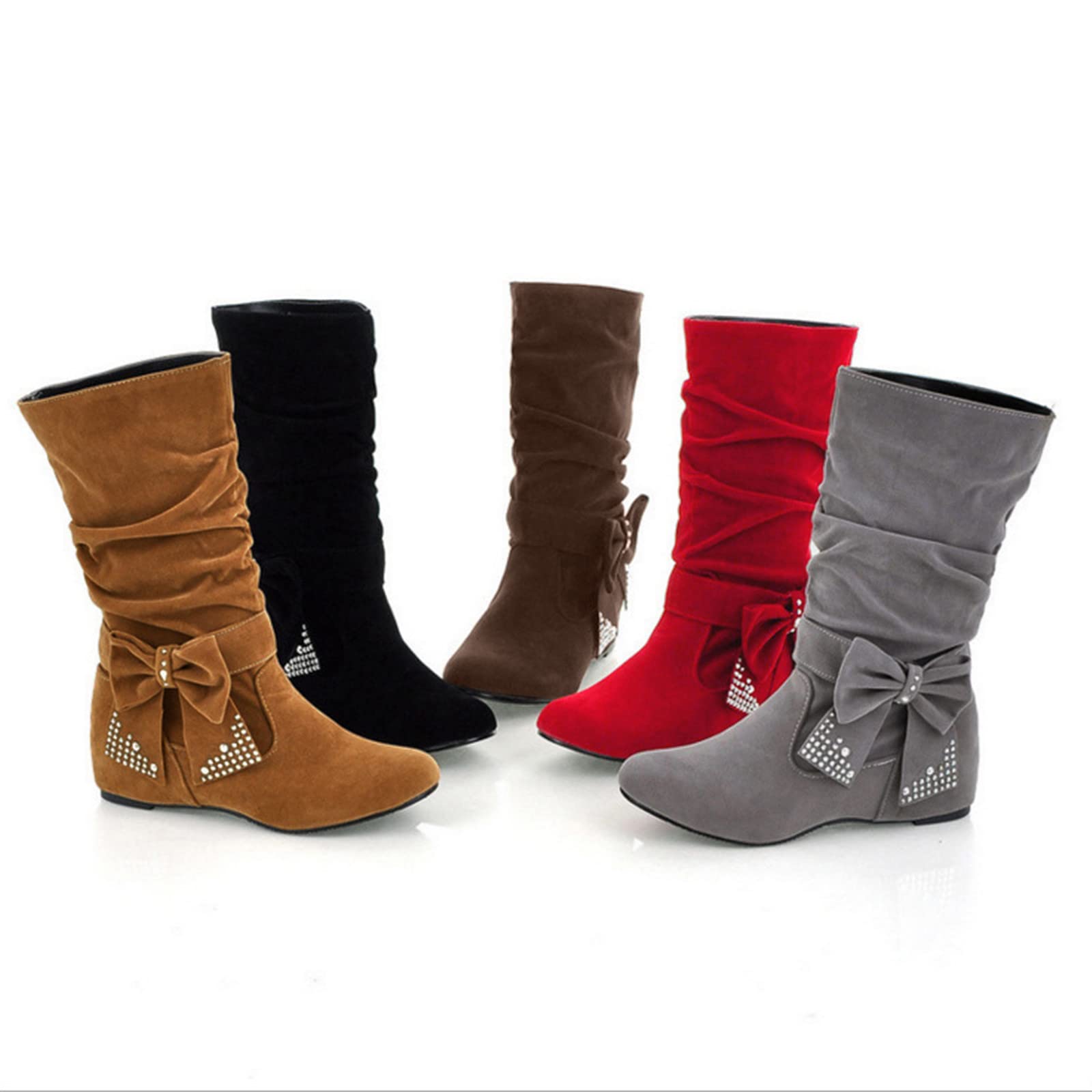 Botines de ante para mujer, planos, medias botas, pantorrilla ancha, botas