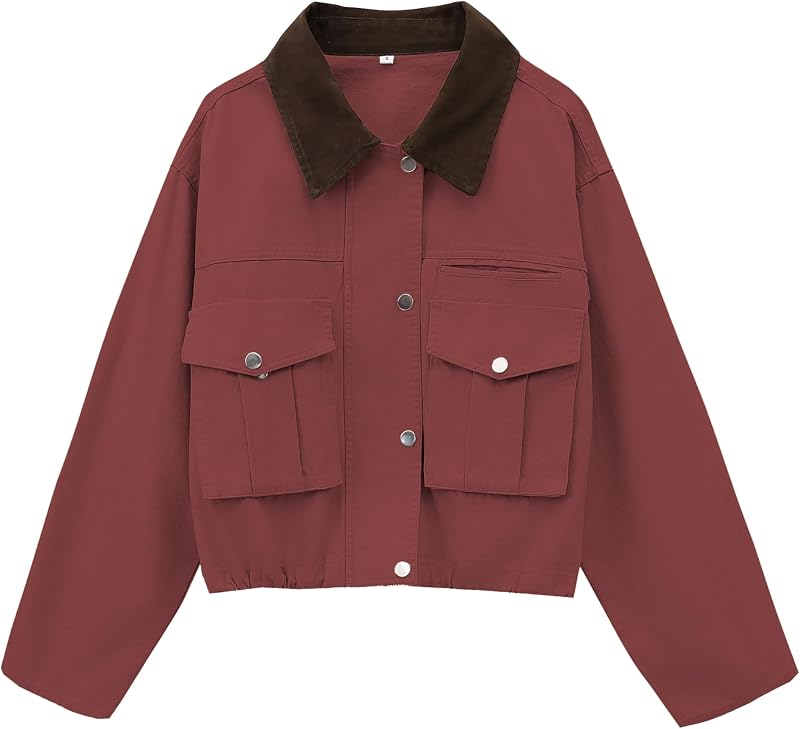 Megfie Womens Cropped Jacket Contrast Collar Utility Coat Cargo Jacket Barn Jacket Outwear with Pockets