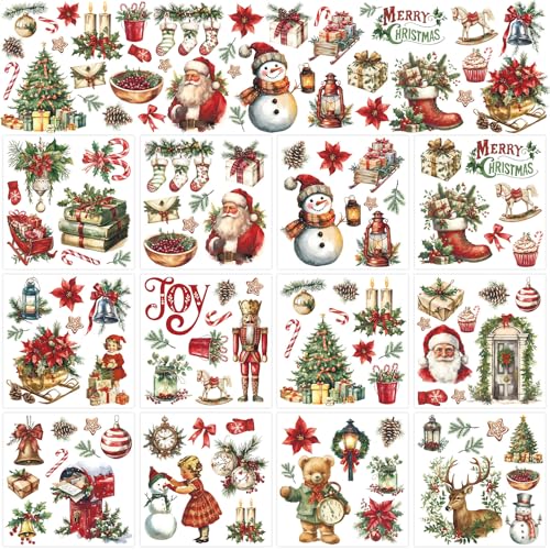 Whaline 12 Sheet Christmas Rub on Transfer for Crafts Rub on Transfer Stickers Vintage Santa Snowman Xmas Tree Furniture Decals for Home Office Paper Wood DIY Crafts 5.9 x 5.9 Inch