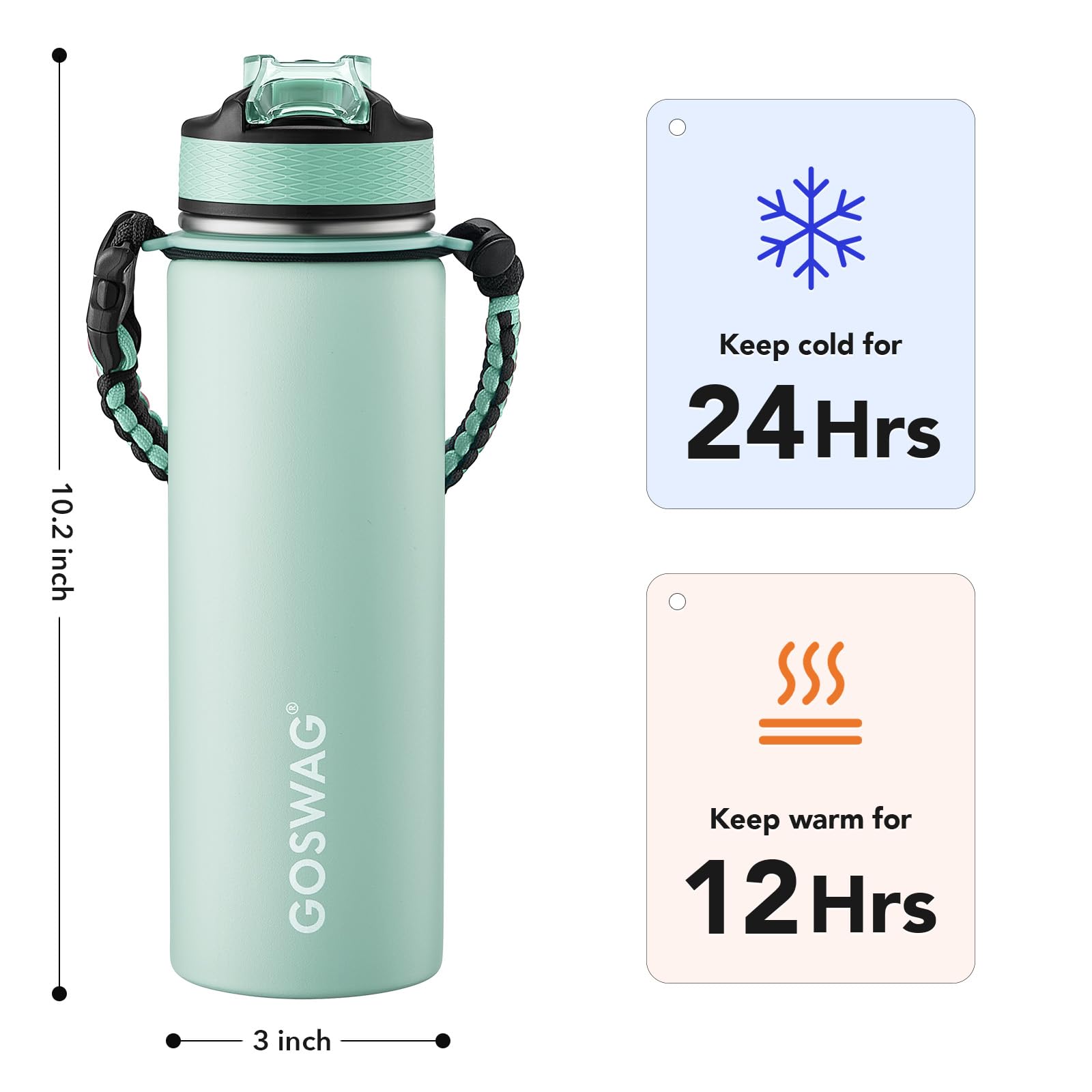 GOSWAG Botella de agua deportiva aislada, 24 onzas, 2 tapas (con pajilla/sin popote), botellas de agua de acero inoxidable con mango de paracaídas, termo aislado con aislamiento al vacío de doble
