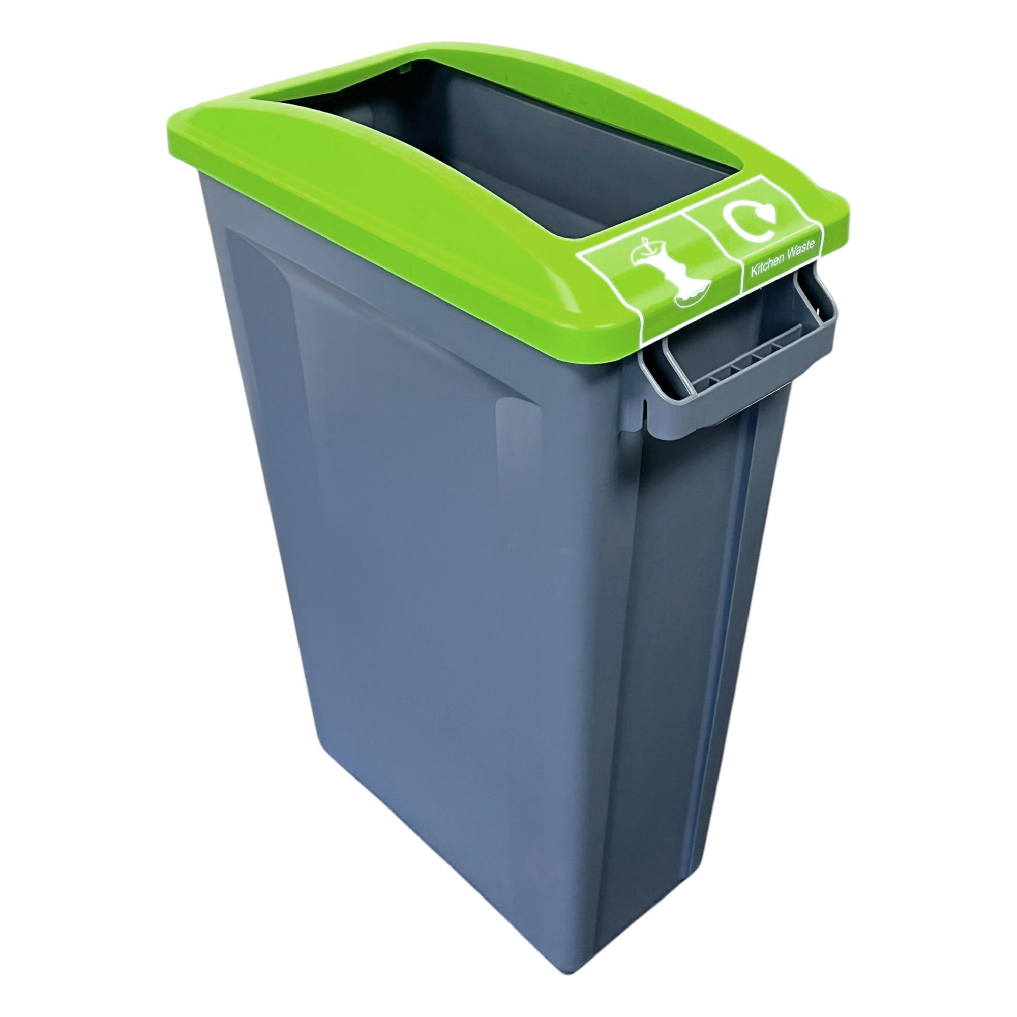 Chabrias Ltd 87L Slim Recycling Bin with Open Lime Lid + Food Waste Sticker - Commercial Narrow Waste Container for Office, School & Kitchen - 87 Litre Heavy-Duty Plastic Bin with Vented Liner System