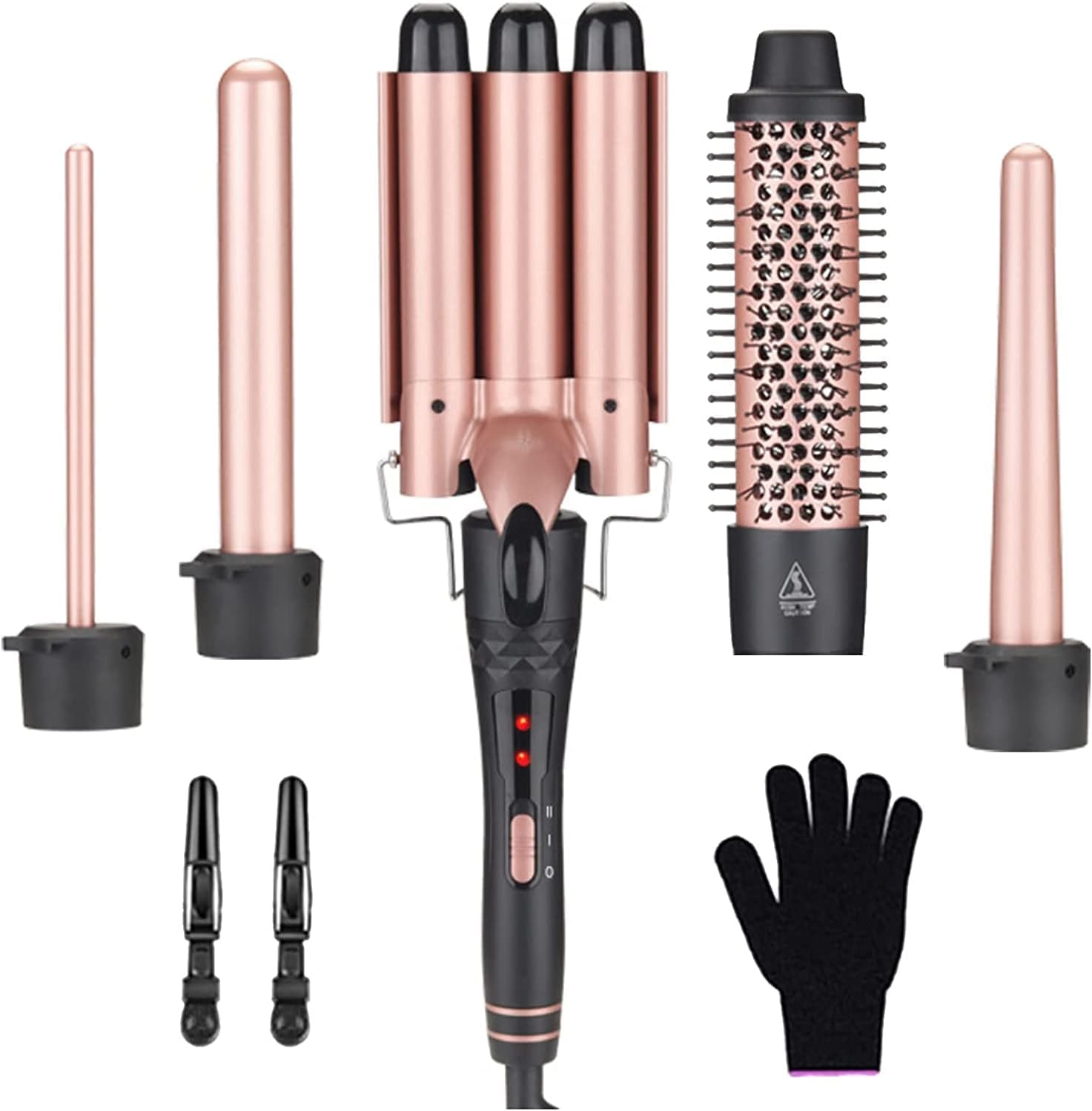 Curling Wand Set, 5-IN-1 Hair Curler Iron, Professional Curling Wand Set, Instant Heat Up Hair Curler with 5 Interchangeable Ceramic Barrels (9-32mm), with Heat Protective Glove & 2 Clips (D)