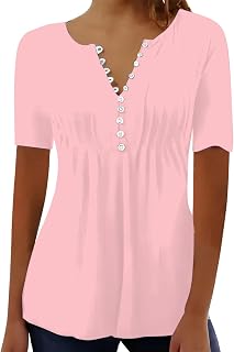 Camiseta de manga corta para mujer, informal, plisada, cuello redondo, manga corta, holgada, color liso