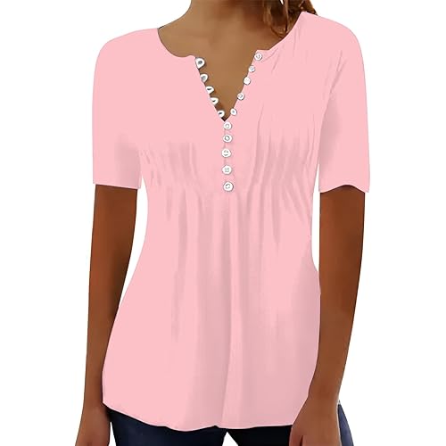 Womens Tunic Tops 2025 Vintage Boho Print Tunic Shirt Short Sleeve Notch V Neck Relaxed Fit Casual Blouse