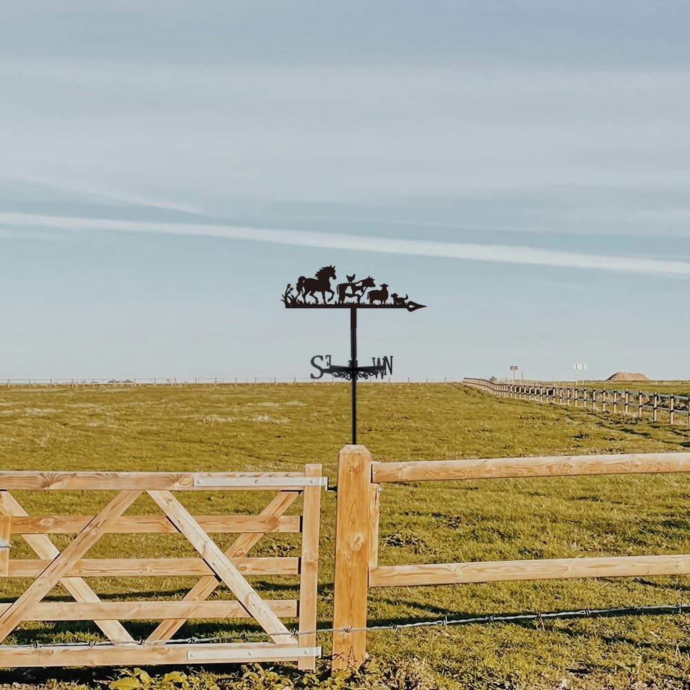 SUPERDANT Farm Animals Weather Vane for Roof Horse Metal Weathervane Cow Goat Wind Vanes for Sheds Black Wind Direction Indicator for Farmhouse Yard Farm Shed Garden Decoration