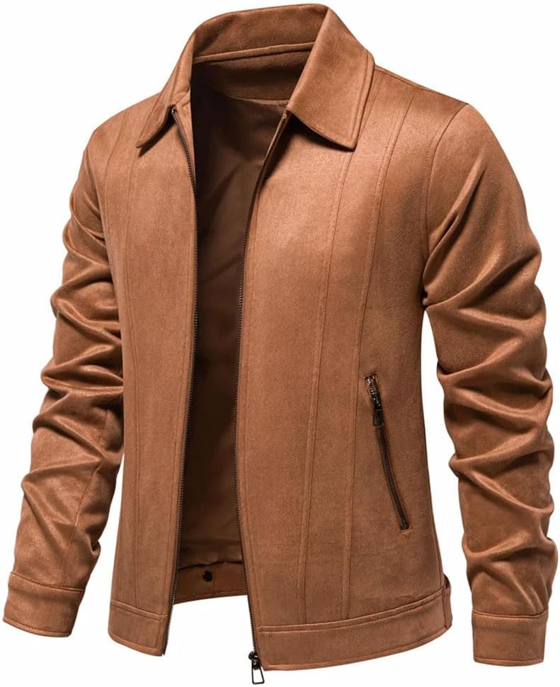 Mens Suede Turn Down Collar Jacket Casual Business Faux Leather Trucker Jackets Coat for Men