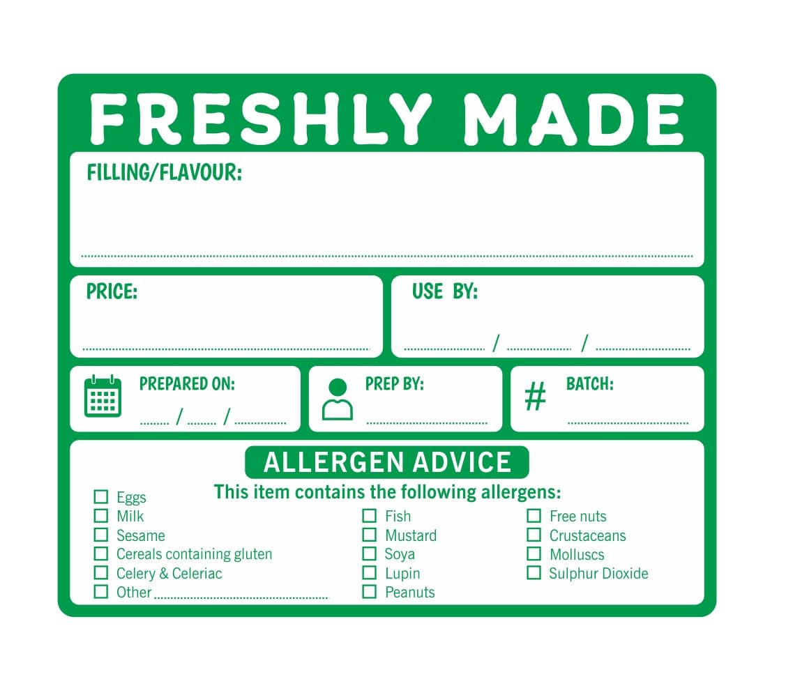 Freshly Made Food Label Stickers with Allergen Warning Checklist, 80mm x 66mm (100)