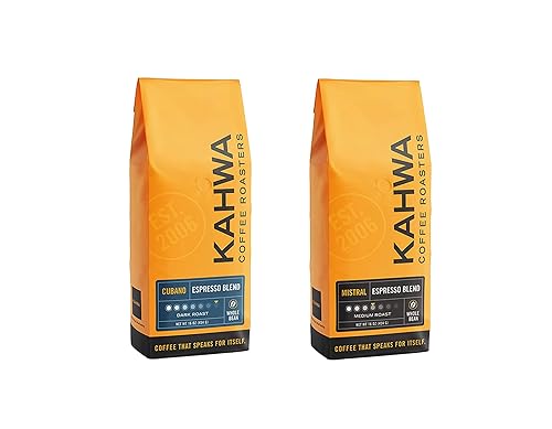 Kahwa - Granos de café cubano, mezcla de espresso cubano tostado oscuro, café en grano entero, paquete de bolsa de 1 libra con café Kahwa Mistral
