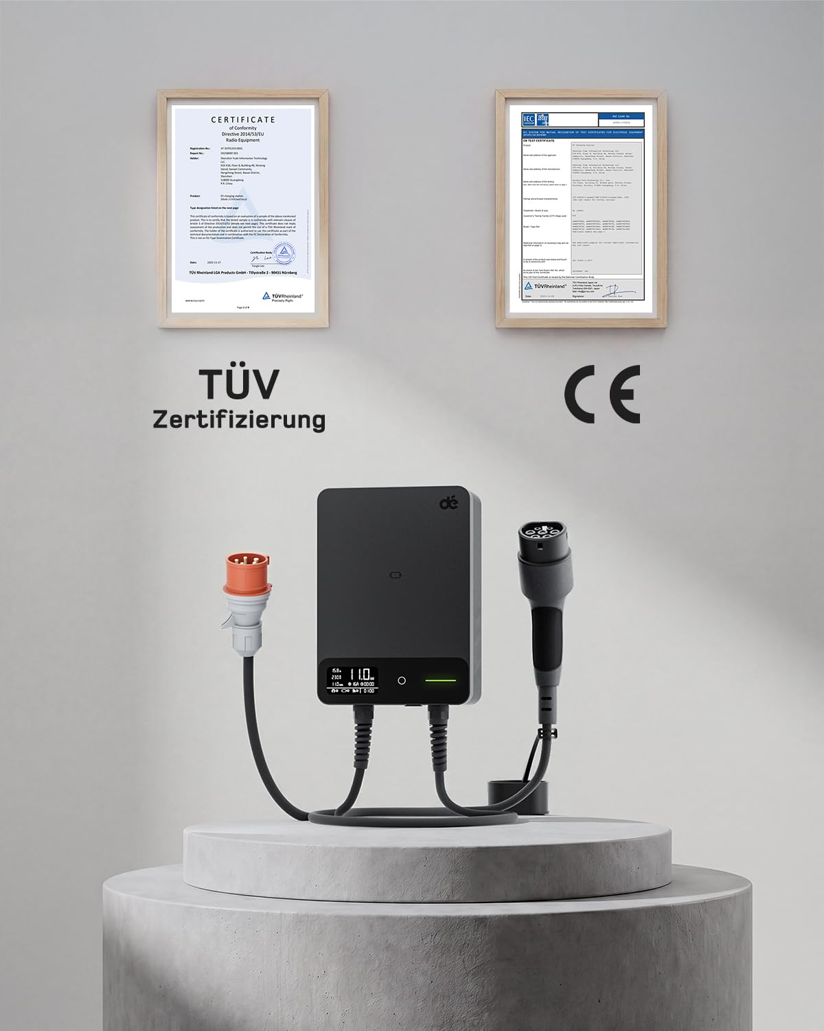 dé Wallbox 11kW mit APP, 7,5m Typ 2 Ladekabel mit Kabelhalter, 3-Phasen EV-Ladegerät (6-16A, 400V), für BEV/PHEV, RCD Type A 30mA AC + 6mA DC & IP54-Schutz, effiziente Ladestation für Zuhause, Schwarz