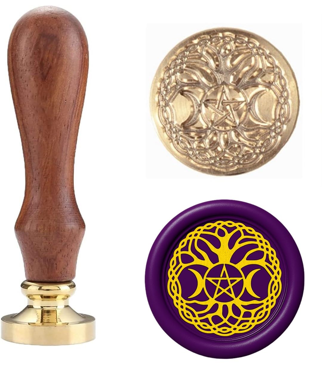 Triple Moon Wax Seal Stamp – Wiccan Pagan Witch Symbol, 25mm Brass Head with Wooden Handle for Spell, Journals, Gifts (Tree of Moon)