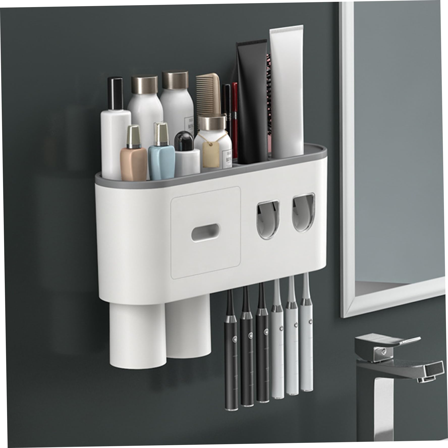YUEKOPOU Bathroom Wall Mount Toothbrush Organizer, ABS Plastic Holder with Automatic Toothpaste Dispenser, for Electric and Manual Toothbrushes