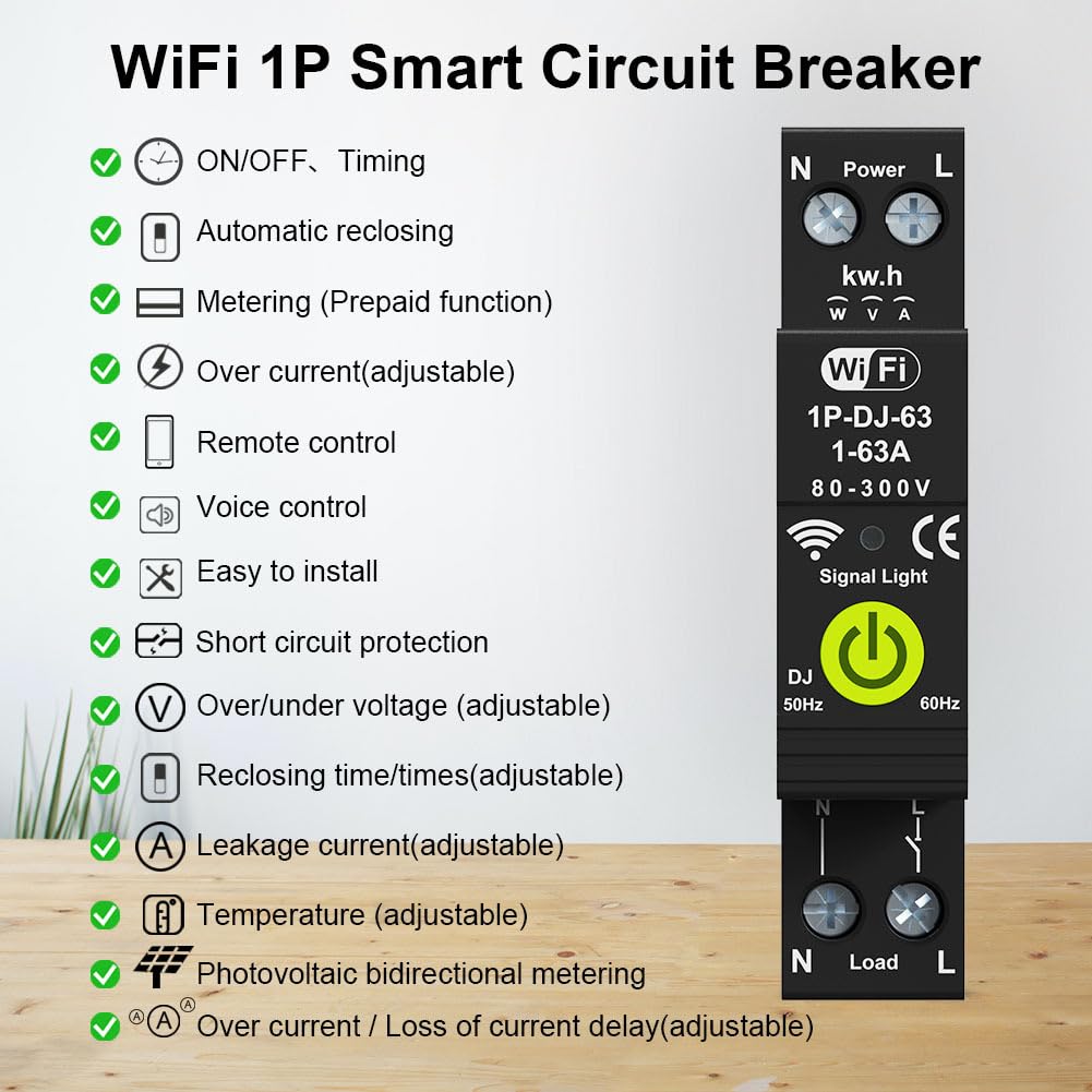 ACAGALA Tuya - Disyuntor inteligente con WiFi, temporizador, fotovoltaico, medición bidireccional, contador de energía, protección de reencendido automático con función de medición y prepago