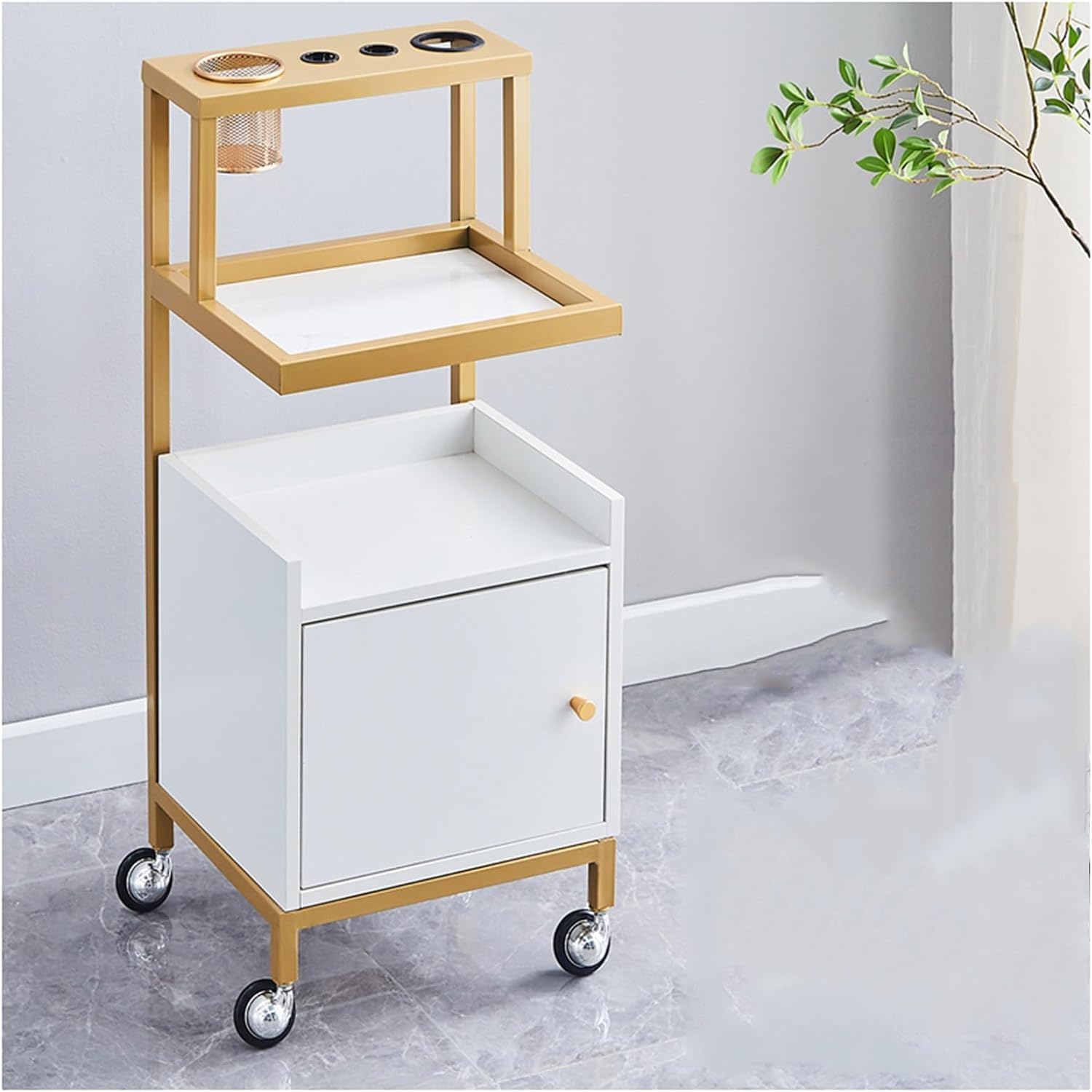 Chariot de salon à roulettes avec seau pour sèche-cheveux et poignée