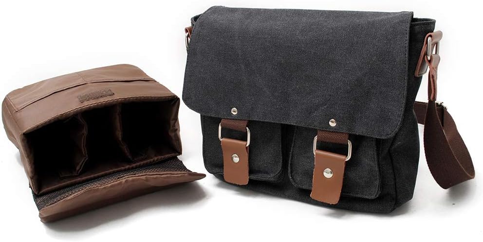 Waterproof Camera bag/Case, Vintage Canvase Leather Trim DSLR SLR Camera Shoulder Messenger Sling bag for for Nikon, Canon, Sony, Pentax, Olympus Panasonic, Samsung & Many More