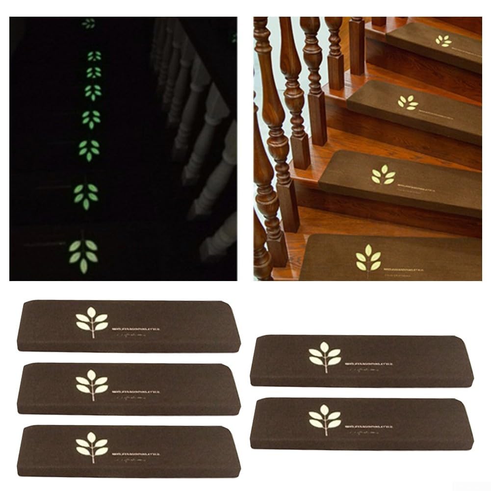 Lot de 5 tapis d'escalier autocollants phosphorescents - Antidérapant - Protection intérieure en bois marron foncé - Trèfle à quatre feuilles