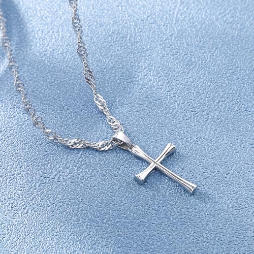Small Cross Pendant Necklace for Women, 18" + 2" Wave Chain Stainless Steel4