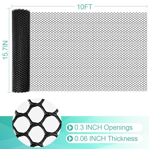 Image of Plastic Mesh Fence Sheet 15.7IN x 10FT - 0.3IN Opening Plastic Chicken Wire Netting Roll Durable for Dogs, Poultry, Puppy, Garden Snake Barrier with 50 Pcs Zip Ties - Black