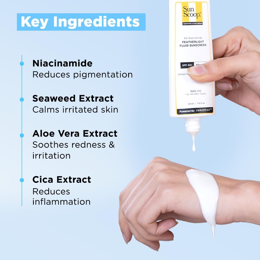 Sun.Sco.op Featherlight Fluid Sunscreen, SPF 50+ PA++++, 3% Niacinamide, Broad Spectrum UVA UVB Protection, All Skin Types, 45ml