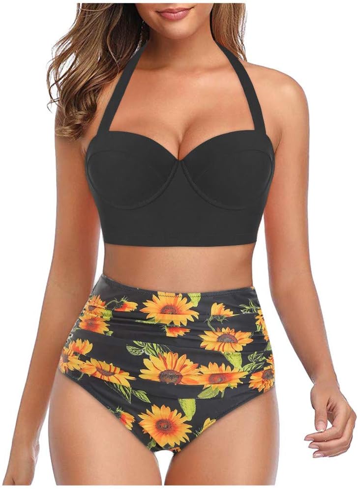 KIMODO Women's Plus Size Two Piece Swimsuits Patchwork Bikini Push-Up Pad Swimwear Beachwear Set High Waisted Bathing Suits