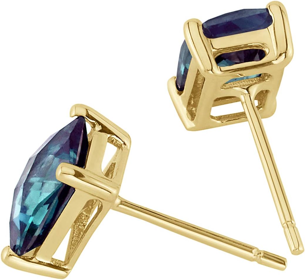 Peora Solid 14K Yellow Gold Created Alexandrite Earrings for Women, Color Change Solitaire Studs, 7x5mm Radiant Cut, 2.5 Carats total, Friction Back, Color Change Alexandrite Jewelry, w/Jewelry Box