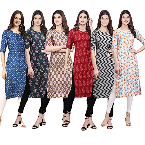 Image of Pinkmint Women's Crepe Digital Print Straight Kurta [Pack of 6] (CKE-329-353-330-333-341-343)