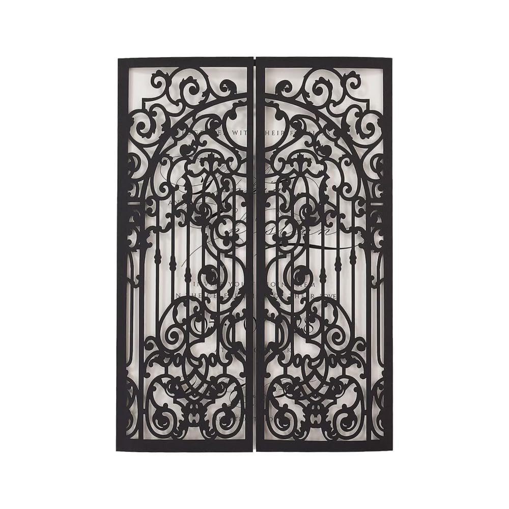 Invitaciones de boda negras cortadas con láser con diseño gate fold elegante para enlaces de lujo 6