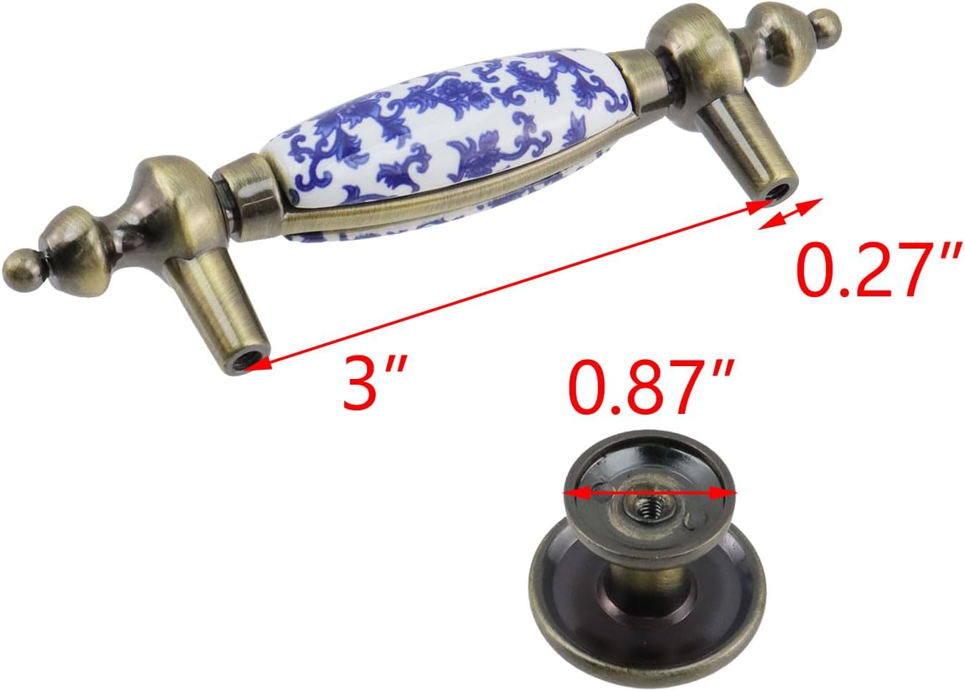 T Tulead Ceramic Drawer Knobs 1.26"×1.06", Cabinet Handle Pulls 3" Hole Centers, Blue and White Porcelain Pulls Handles Knobs Sets, Zinc Alloy Base, 4 Sets with Screws