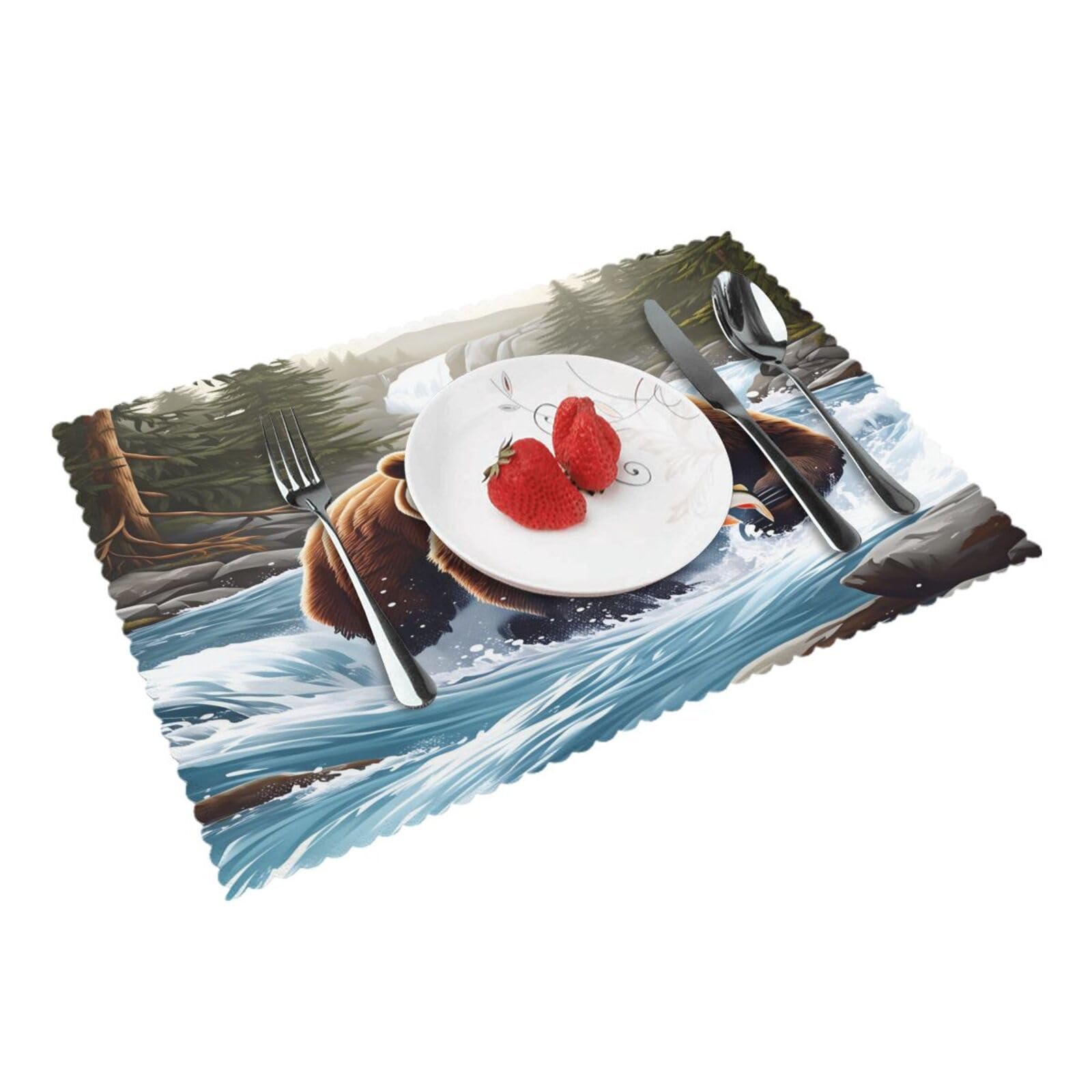 Bear Fishing River Placemats Set of 4 Print Table Mats Place Mats Table Decor for Kitchen Dining 12X18 in
