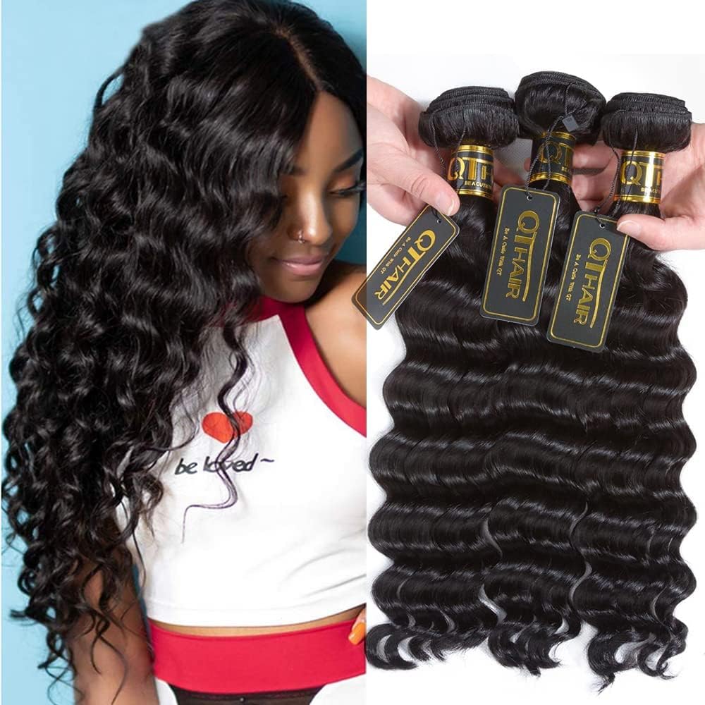 QTHAIR14A Brazilian Loose Deep Wave Bundle 100% Unprocessed Brazilian Virgin Human Hair Bundles Brazilian Virgin Loose Deep Curly Human Hair Weave Wet and Wavy Curly Hair 1 Bundle 28 inch Human Hair