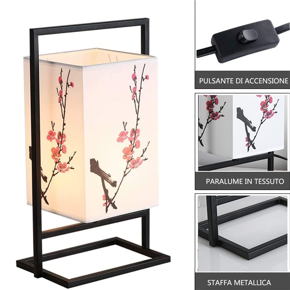 Lampada Da Comodino Camera Letto Giapponese Lampada Scrivania Industriale Con Struttura Metallo Nero Lampada Tavolo Paralume Quadrato Tessuto (interruttore A Pulsante, Fiore Di Prugna)