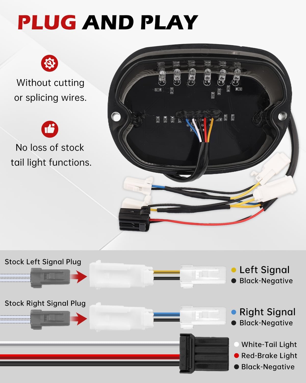 Smoked LED Rear Brake Tail Light with Integrated Turn Signals, Compatible with Harley Dyna, Road King, Electra Glide, Sportster, Heritage, Softail, Touring (Plug&Play Smoke)