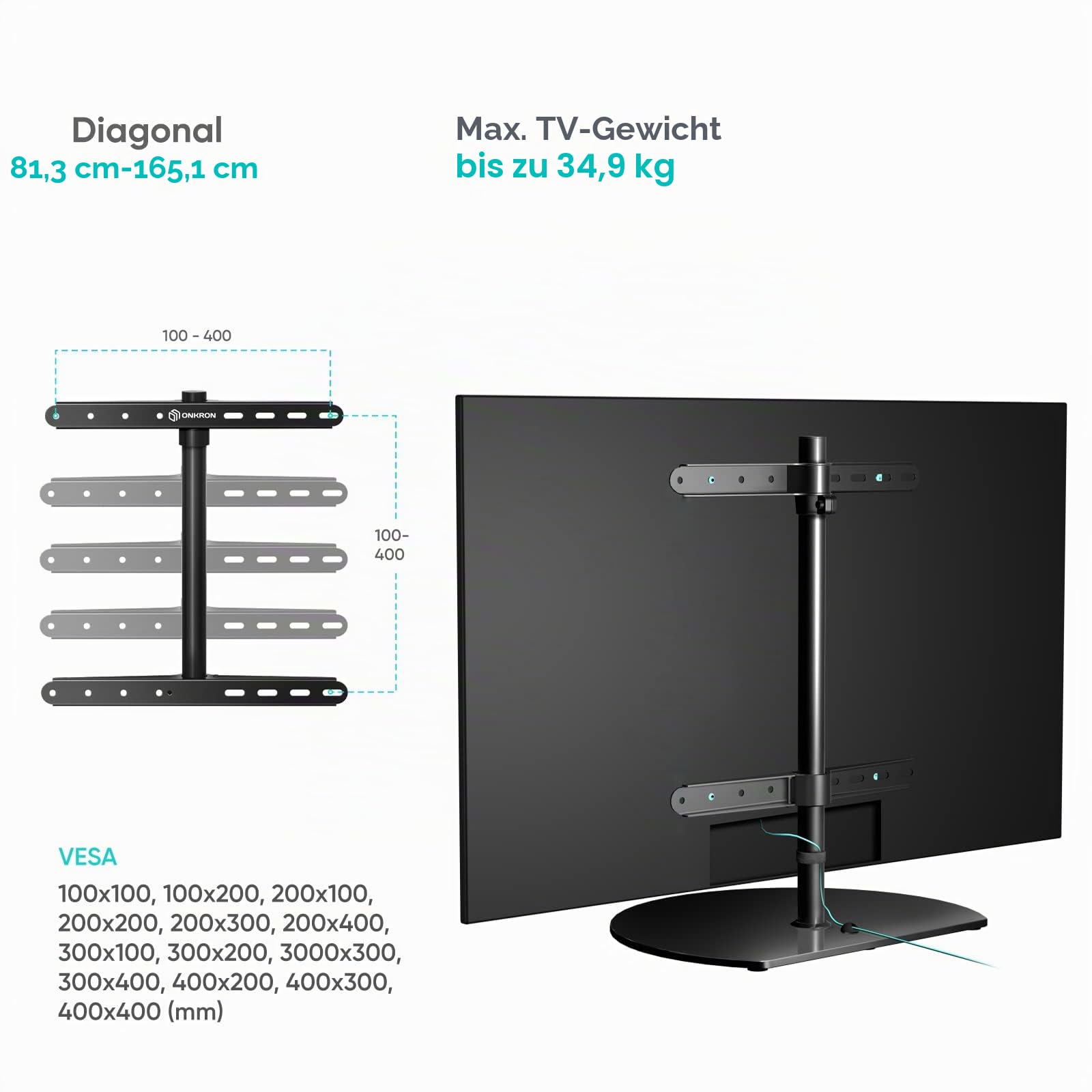 ONKRON TV Standfuss für 32-65 Zoll Fernseher bis 35 kg, TV Ständer höhenverstellbar, 360 Grad schwenkbar, max VESA 400x400, universal Standfuß Fernseher Stand aus gehärtetem Glas Schwarz PT2-B