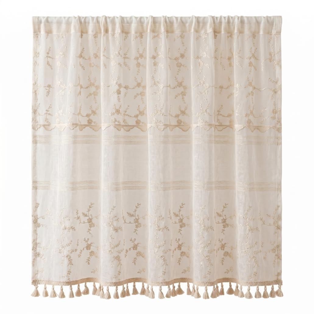 Cortinas de encaje de alta calidad bordadas con detalle de borlas rústicas de lujo
