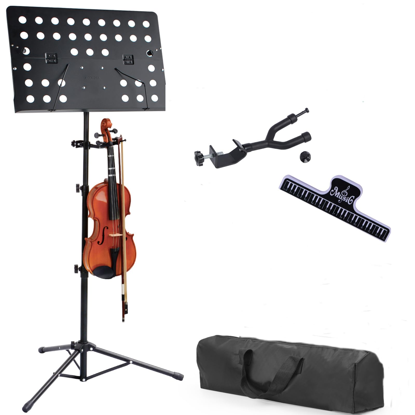 NEWFUN Pupitre Musique Pliable, Pied à Musique avec Crochet Guitare et Sac Rangement Noir
