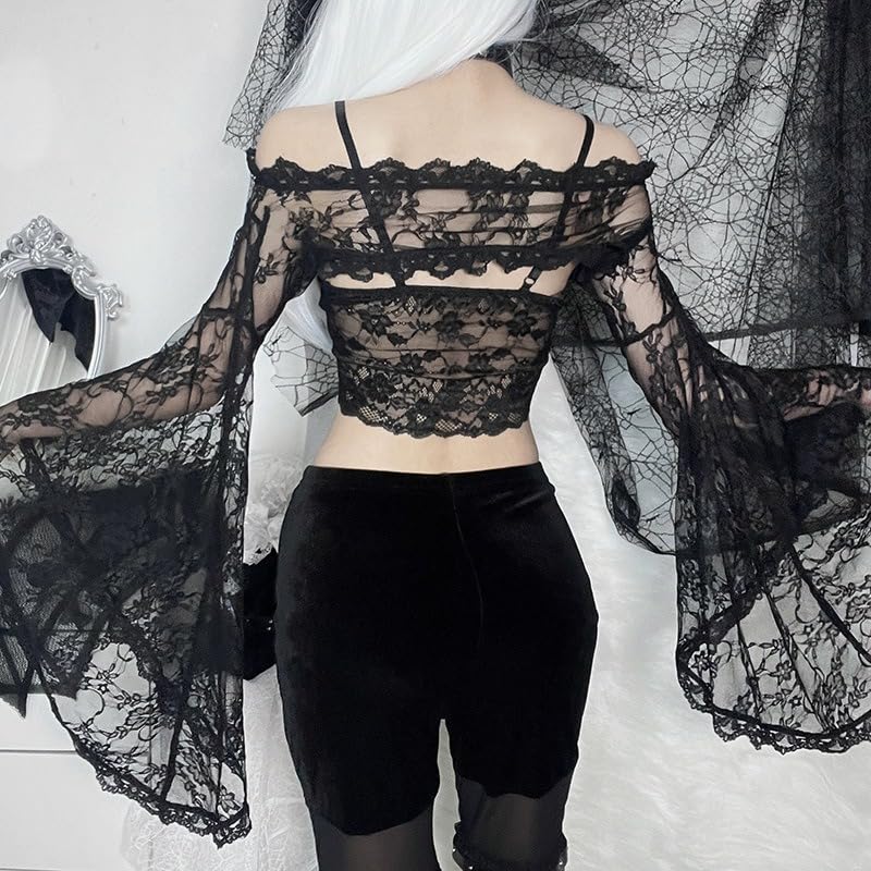 Women Gothic Cardigan Black Punk Crop Top Lace Bolero Shrugs Long Sleeve Shawls Y2K Mesh Cover Up4