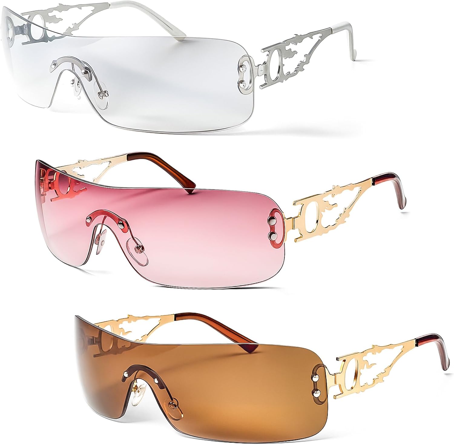 3 Pcs Y2K Rimless Sunglasses Women Men, Trendy Shield Wrap Around Sunglasses Fashion Frameless Sun Glasses UV400