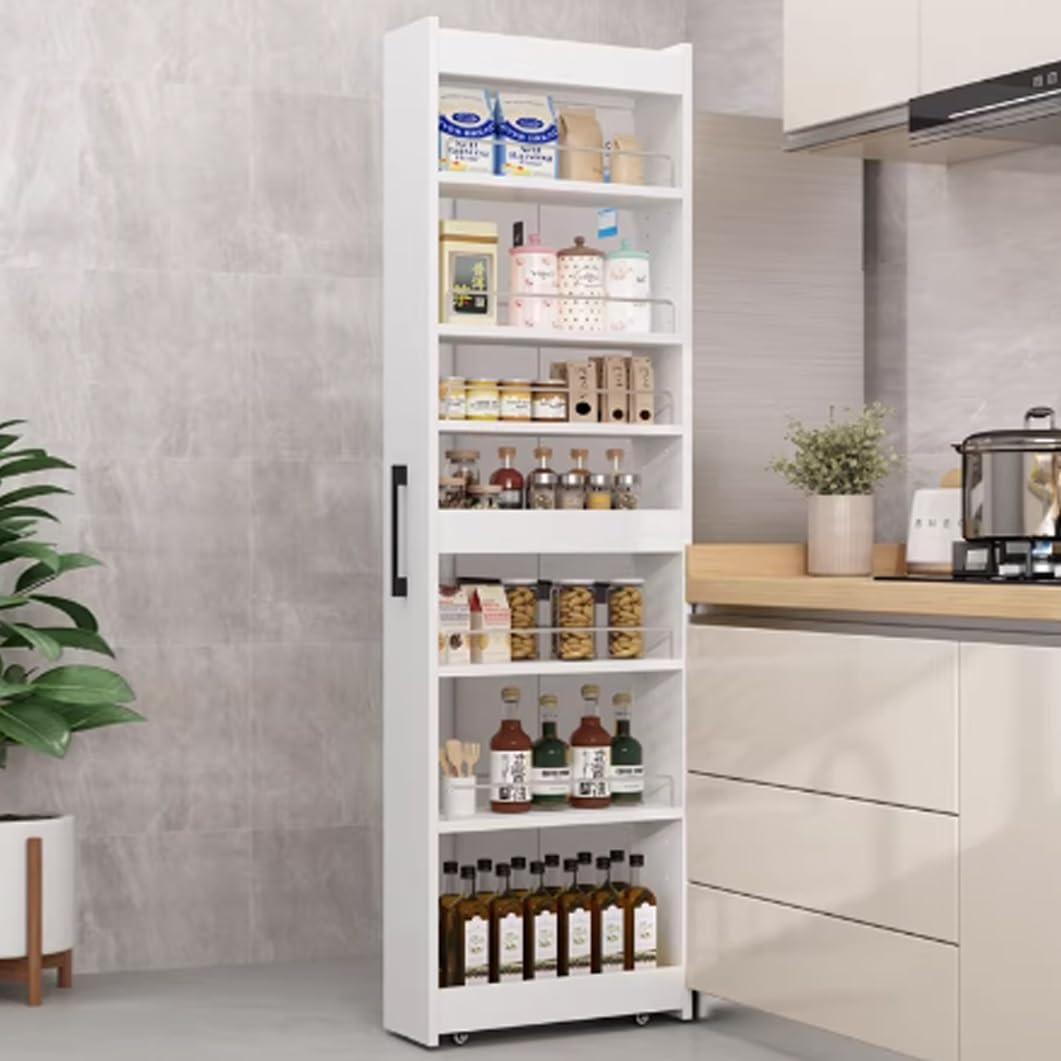 Carrello portaoggetti sottile a 3 ripiani, in MDF, con ruote e maniglia, scaffale stretto per sala da pranzo e ristorante (bianco, 15 x 45 x 183,9 cm)
