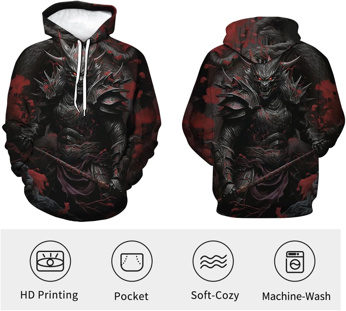 Novelty Samurai Graphic Hoodies For Men Cool 3D Print Pocket Sweatshirt Pullover - Image 3