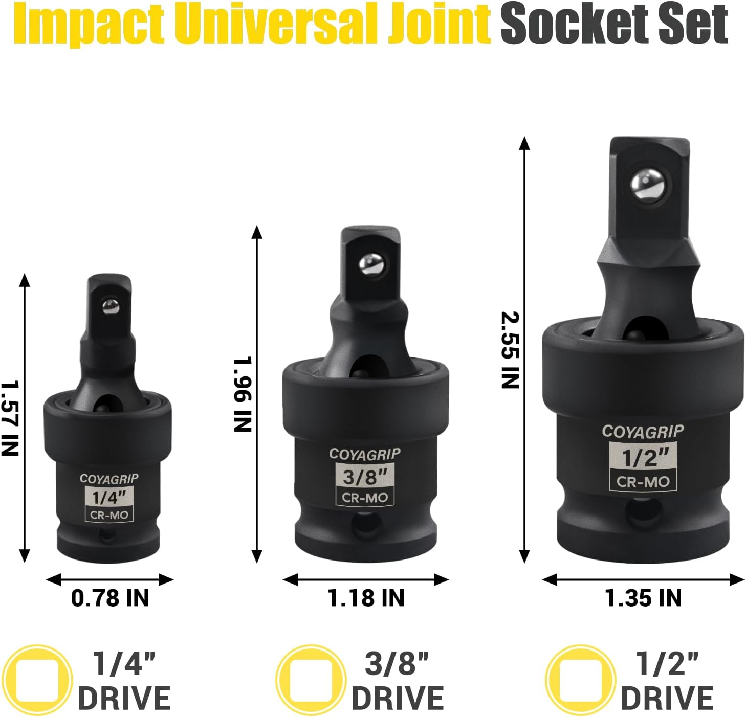 Impact Universal Joint Swivel Socket Set, 3-Piece 1/2'', 3/8'', 1/4'' Drive Flexible U-Joint Adapters Set, Premium CR-MO Steel, Wobble