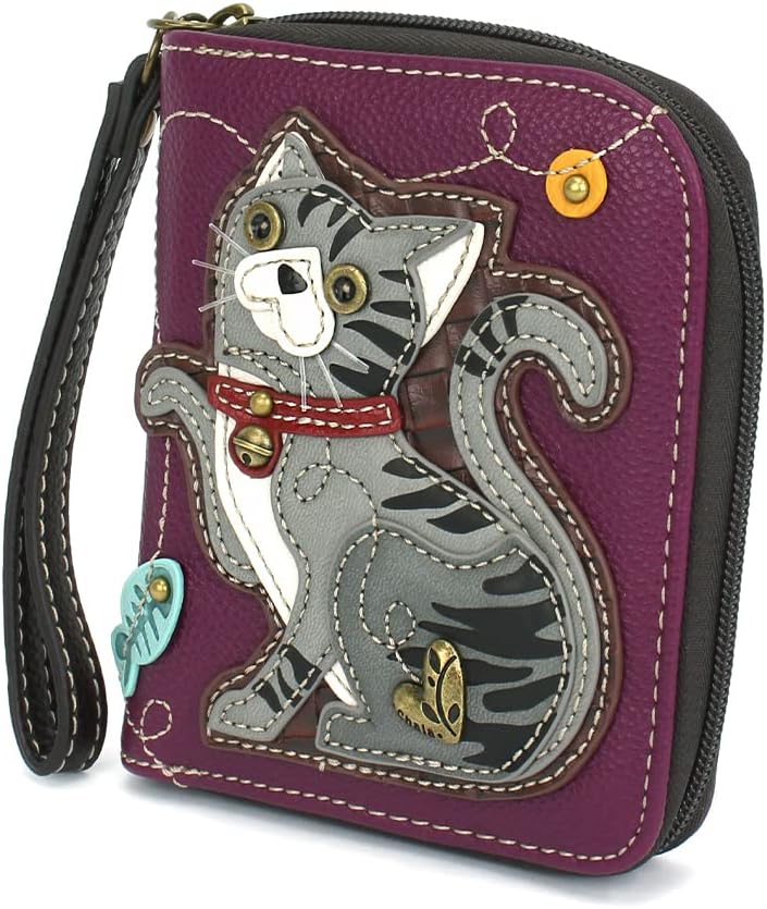 CHALA Zip Around Wallet, Wristlet, 8 Credit Card Slots, Sturdy Pu Leather - Gray Tabby Cat - Purple