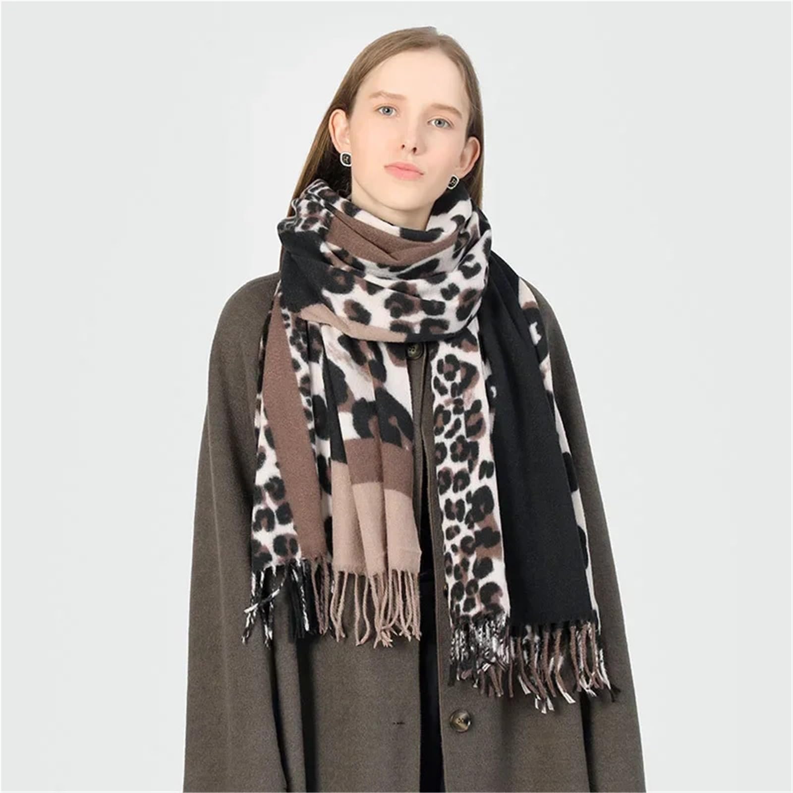 Sciarpa invernale da donna con stampa leopardata, scialle lungo addensato caldo con frange, avvolgente alla moda di lusso 70 * 200 cm(Blue)